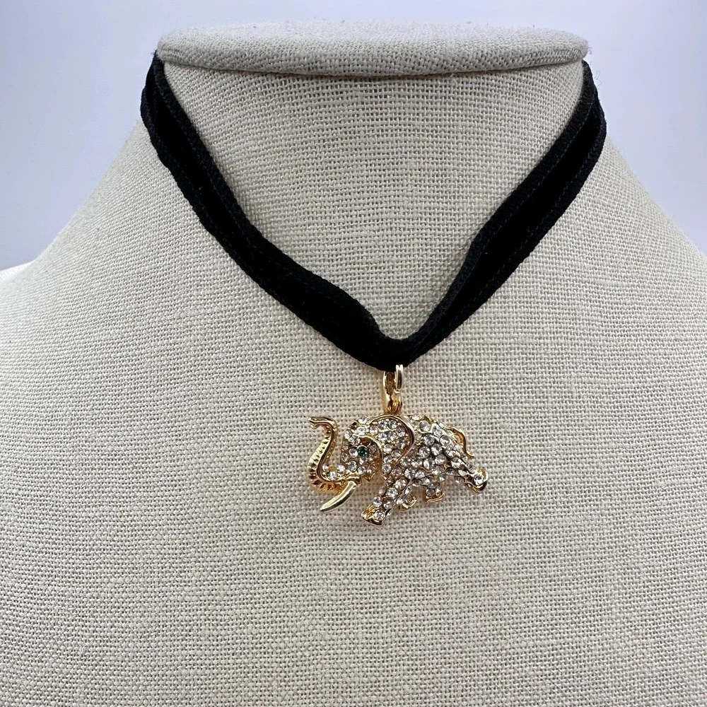 Vintage 90s Gold Tone Elephant Choker Necklace with Clear Glass & Green Eye